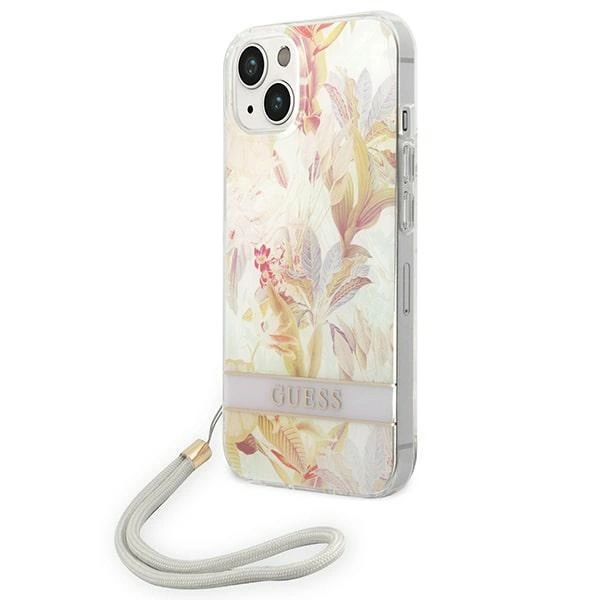 Etui Guess Flower Strap na iPhone 14 Plus - fioletowe