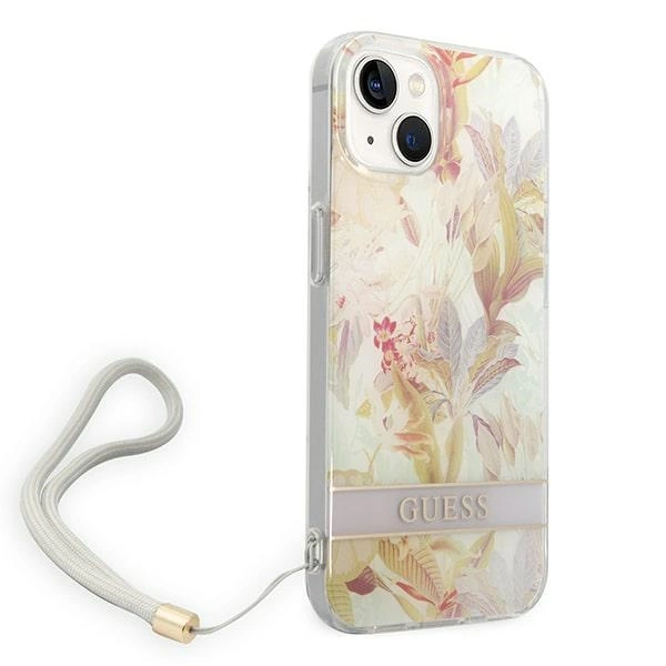 Etui Guess Flower Strap na iPhone 14 Plus - fioletowe