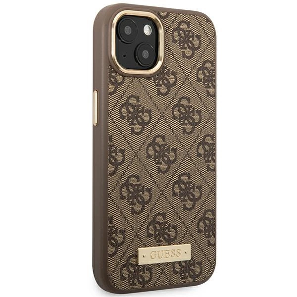 Etui Guess 4G Logo Plate MagSafe na iPhone 14 Plus - brązowe