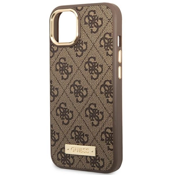 Etui Guess 4G Logo Plate MagSafe na iPhone 14 Plus - brązowe