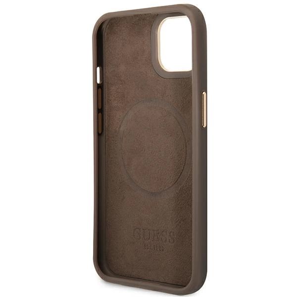 Etui Guess 4G Logo Plate MagSafe na iPhone 14 Plus - brązowe
