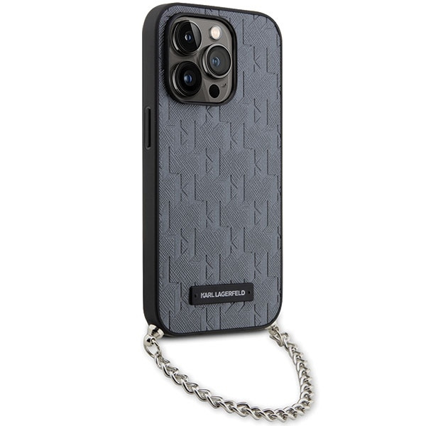 Etui Karl Lagerfeld Saffiano Monogram Chain na iPhone 14 Pro - srebrne