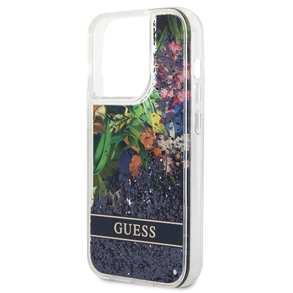 Etui Guess Flower Liquid Glitter na iPhone 14 Pro Max - niebieskie