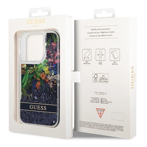 Etui Guess Flower Liquid Glitter na iPhone 14 Pro Max - niebieskie