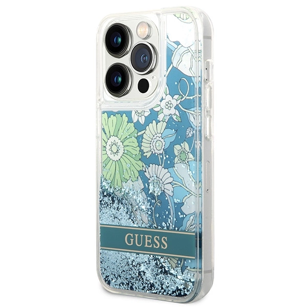 Etui Guess Flower Liquid Glitter na iPhone 14 Pro Max - zielone