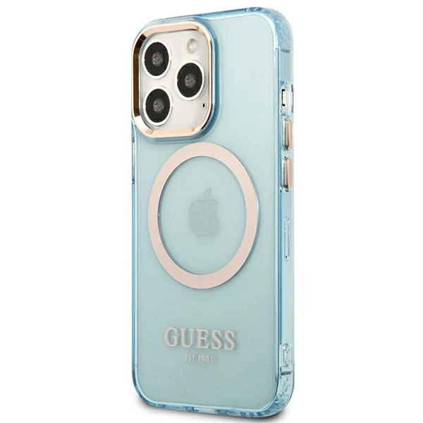 Etui Guess Gold Outline Translucent MagSafe na iPhone 13 Pro / iPhone 13 - niebieskie