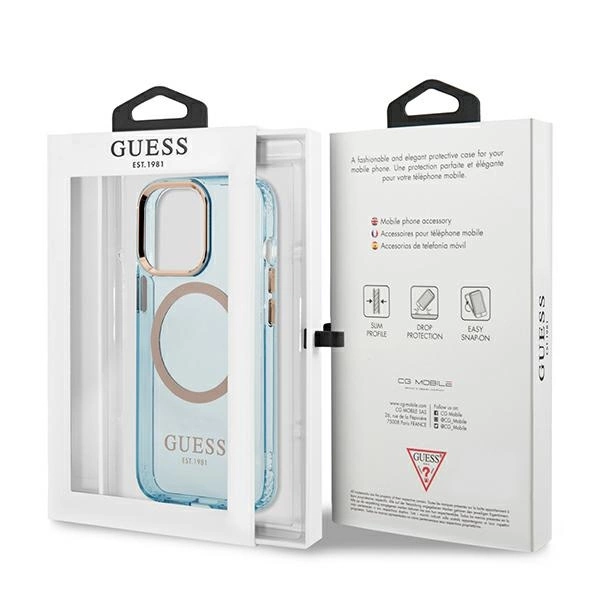 Etui Guess Gold Outline Translucent MagSafe na iPhone 13 Pro / iPhone 13 - niebieskie