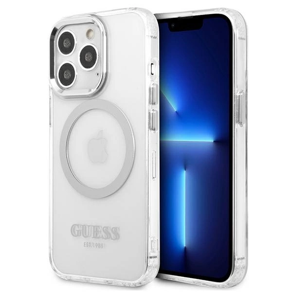 Etui Guess Metal Outline MagSafe na iPhone 13 Pro / iPhone 13 - srebrne