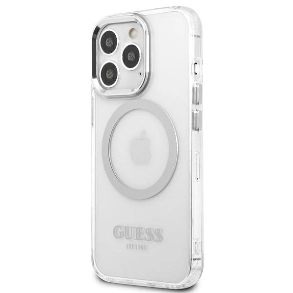 Etui Guess Metal Outline MagSafe na iPhone 13 Pro / iPhone 13 - srebrne