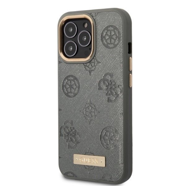 Etui Guess Peony Logo Plate MagSafe na iPhone 13 Pro / iPhone 13 - szare