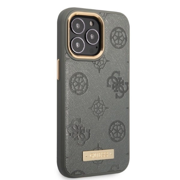 Etui Guess Peony Logo Plate MagSafe na iPhone 13 Pro / iPhone 13 - szare