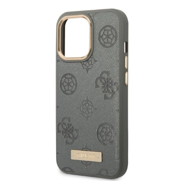 Etui Guess Peony Logo Plate MagSafe na iPhone 13 Pro / iPhone 13 - szare