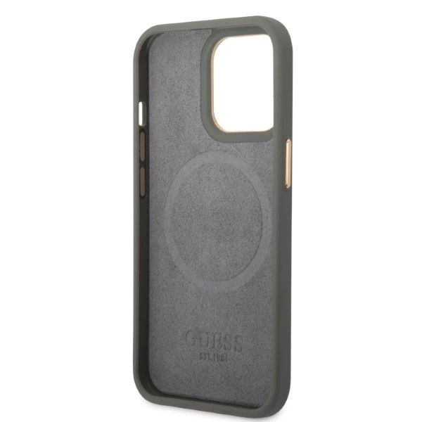 Etui Guess Peony Logo Plate MagSafe na iPhone 13 Pro / iPhone 13 - szare