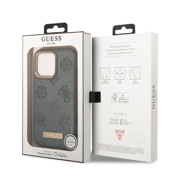 Etui Guess Peony Logo Plate MagSafe na iPhone 13 Pro / iPhone 13 - szare