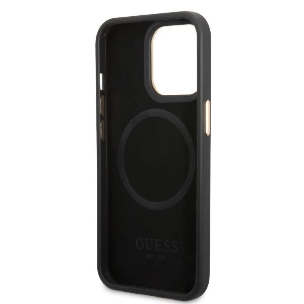 Etui Guess Peony Logo Plate MagSafe na iPhone 13 Pro / iPhone 13 - czarne