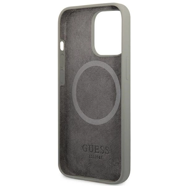 Etui Guess Silicone Logo Plate MagSafe na iPhone 13 Pro / iPhone 13 - szare