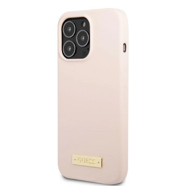 Etui Guess Silicone Logo Plate MagSafe na iPhone 13 Pro / iPhone 13 - różowe