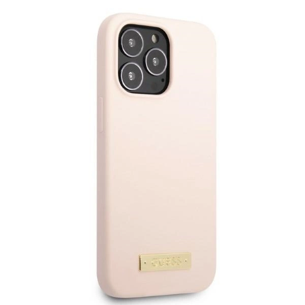 Etui Guess Silicone Logo Plate MagSafe na iPhone 13 Pro / iPhone 13 - różowe