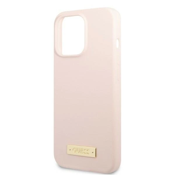 Etui Guess Silicone Logo Plate MagSafe na iPhone 13 Pro / iPhone 13 - różowe