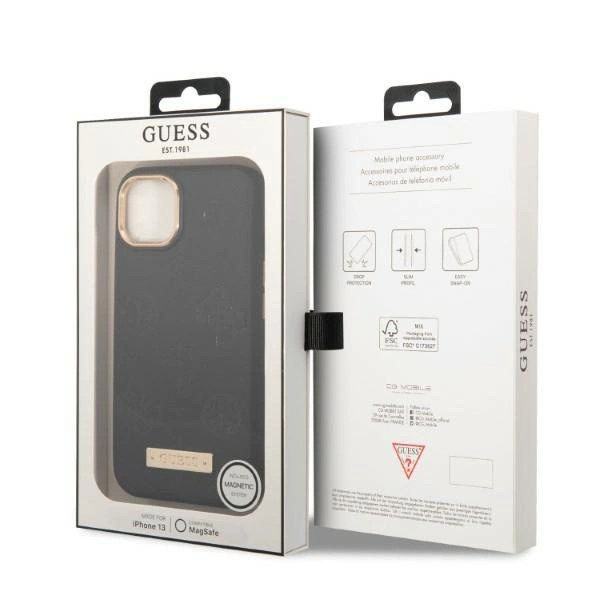 Etui Guess Peony Logo Plate MagSafe na iPhone 13 - czarne