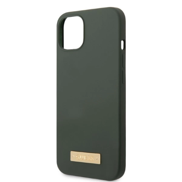 Etui Guess Silicone Logo Plate MagSafe na iPhone 13 - zielone