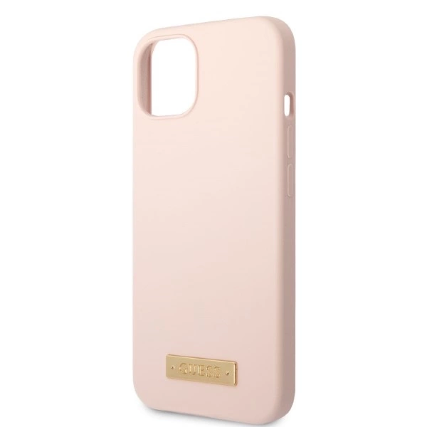 Etui Guess Silicone Logo Plate MagSafe na iPhone 13 - różowe