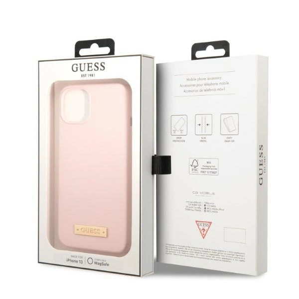 Etui Guess Silicone Logo Plate MagSafe na iPhone 13 - różowe