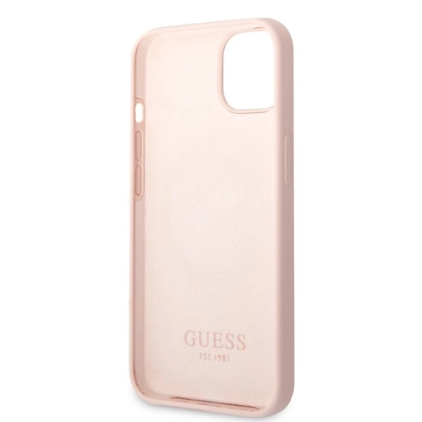 Etui Guess Silicone Logo Plate MagSafe na iPhone 13 mini - różowe
