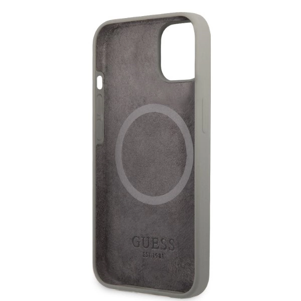 Etui Guess Silicone Logo Plate MagSafe na iPhone 13 mini - szare