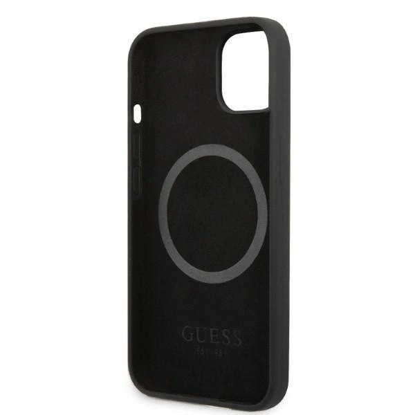 Etui Guess Silicone Logo Plate MagSafe na iPhone 13 mini - czarne
