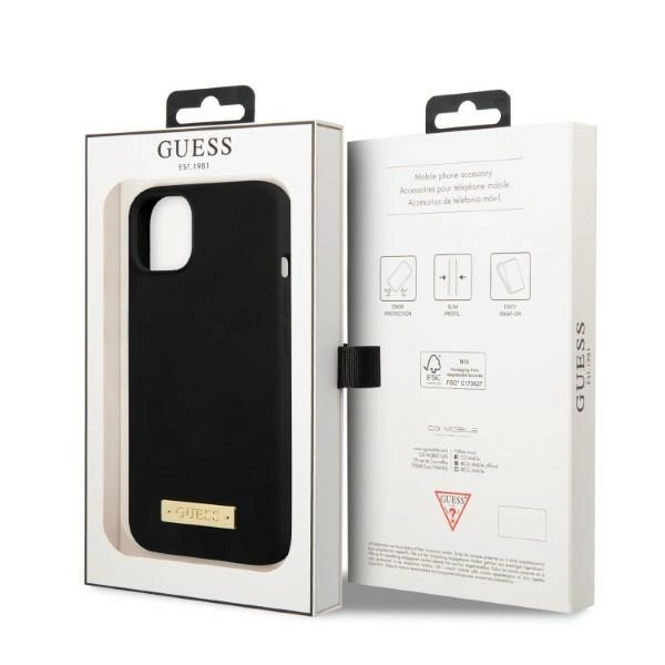 Etui Guess Silicone Logo Plate MagSafe na iPhone 13 mini - czarne