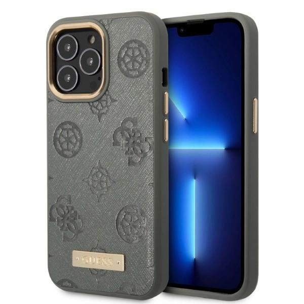 Etui Guess Peony Logo Plate MagSafe na iPhone 13 Pro Max - szare