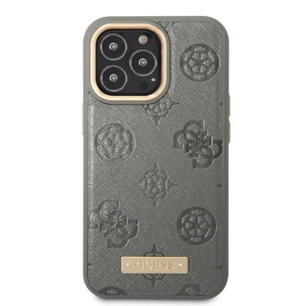 Etui Guess Peony Logo Plate MagSafe na iPhone 13 Pro Max - szare
