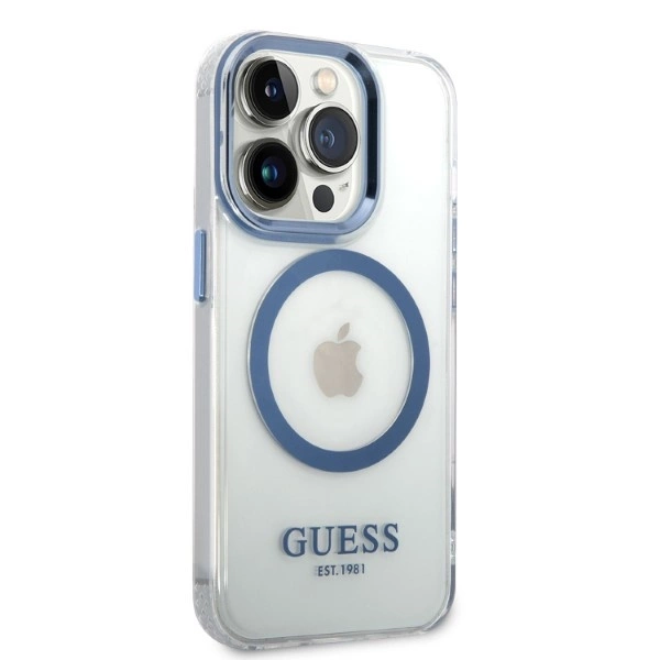 Etui Guess Metal Outline MagSafe na iPhone 14 Pro - niebieskie