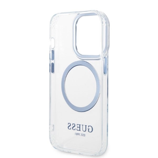 Etui Guess Metal Outline MagSafe na iPhone 14 Pro - niebieskie