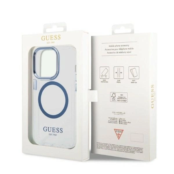 Etui Guess Metal Outline MagSafe na iPhone 14 Pro - niebieskie