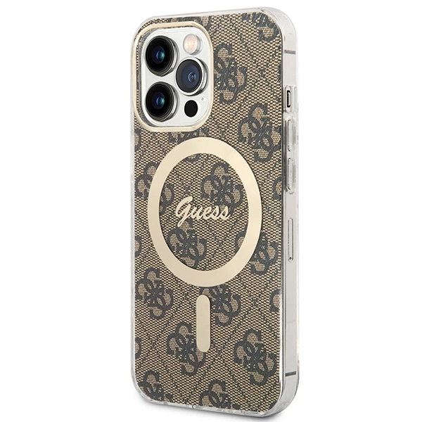 Etui Guess 4G Print MagSafe na iPhone 13 Pro + ładowarka indukcyjna - brązowe
