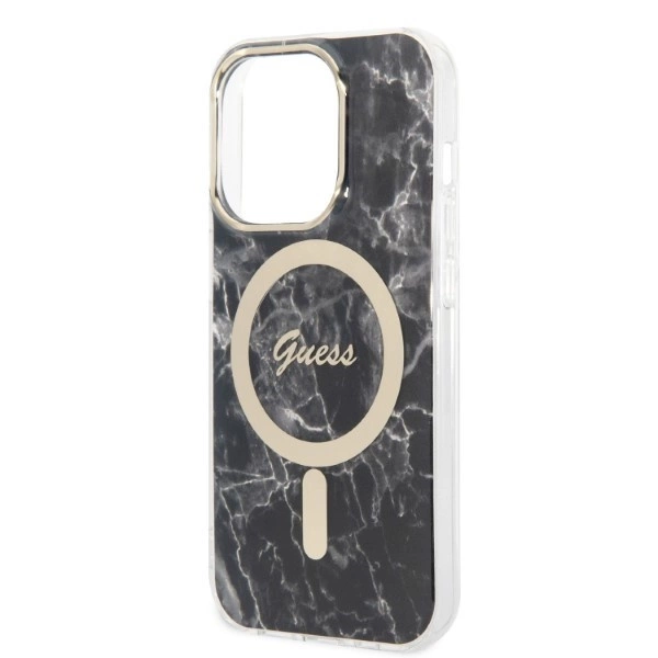 Etui Guess Marble MagSafe na iPhone 14 Pro + ładowarka indukcyjna - czarne
