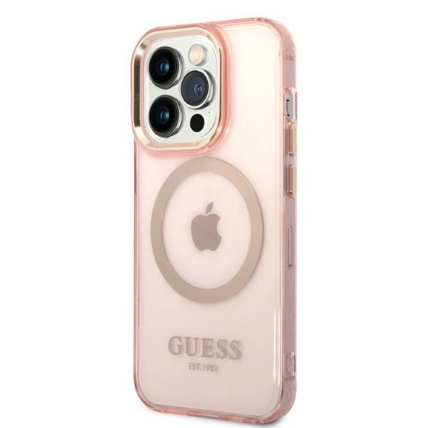 Etui Guess Gold Outline Translucent MagSafe na iPhone 14 Pro - różowe