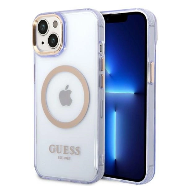 Etui Guess Gold Outline Translucent MagSafe na iPhone 14 - purpurowe
