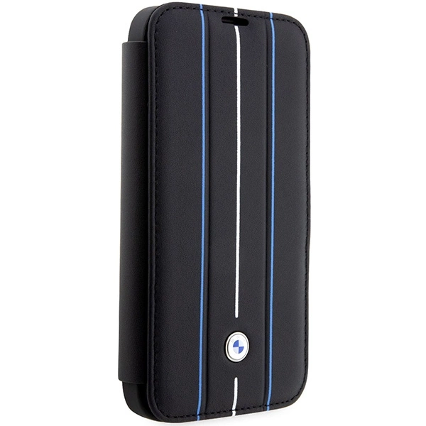 Etui BMW Leather Stamp Blue Lines na iPhone 14 Pro - czarne
