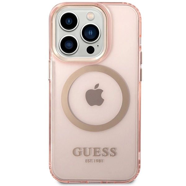 Etui Guess Gold Outline Translucent MagSafe na iPhone 14 Pro Max - różowe