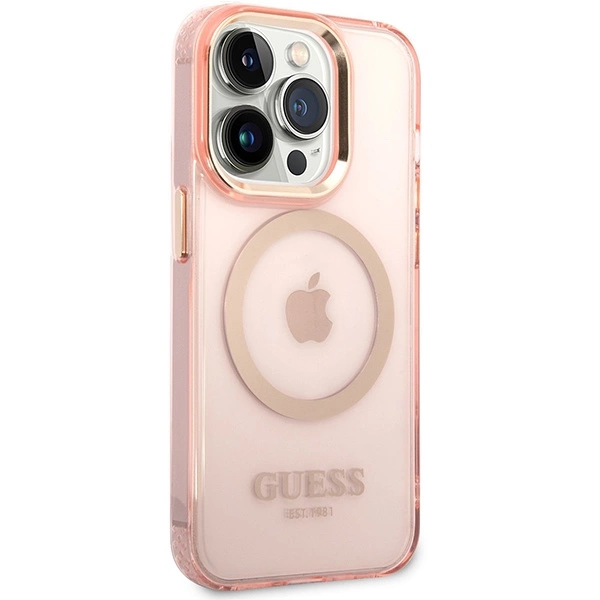 Etui Guess Gold Outline Translucent MagSafe na iPhone 14 Pro Max - różowe