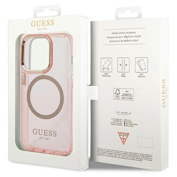 Etui Guess Gold Outline Translucent MagSafe na iPhone 14 Pro Max - różowe