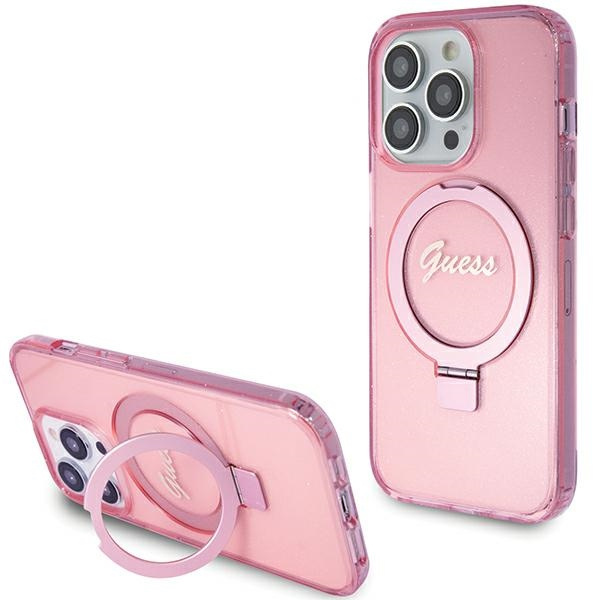 Guess GUHMP15LHRSGSP iPhone 15 Pro 6.1" różowy/pink hardcase Ring Stand Script Glitter MagSafe
