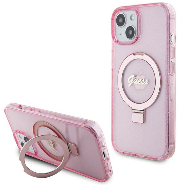 Guess GUHMP15MHRSGSP iPhone 15 Plus / 14 Plus 6.7" różowy/pink hardcase Ring Stand Script Glitter MagSafe