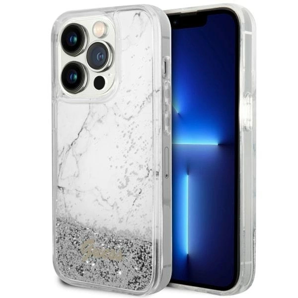 Etui Guess Liquid Glitter Marble na iPhone 14 Pro - białe