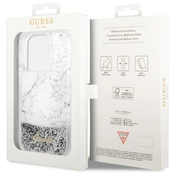 Etui Guess Liquid Glitter Marble na iPhone 14 Pro - białe