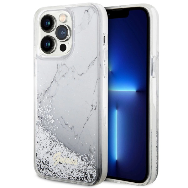 Etui Guess Liquid Glitter Marble na iPhone 14 Pro Max - białe