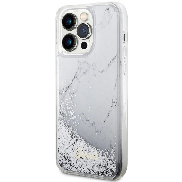 Etui Guess Liquid Glitter Marble na iPhone 14 Pro Max - białe
